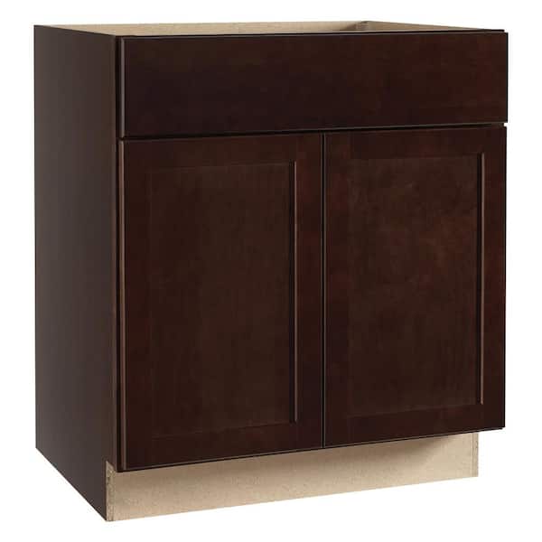 Hampton Bay Shaker 30 in. W x 21 in. D x 34.5 in. H Assembled Bathroom Base Cabinet in Java without Shelf