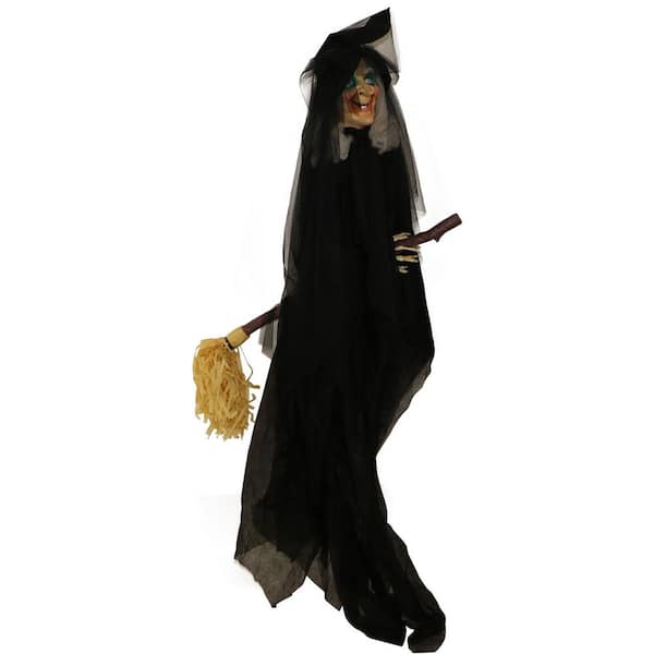 Haunted Hill Farm 78 in. Battery Operated Witch On A Broom with Red LED Eyes Halloween Prop