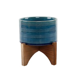5 in. Glass Teal Blue Arrow Ceramic Plant Pot on Wood Stand Mid-Century Planter