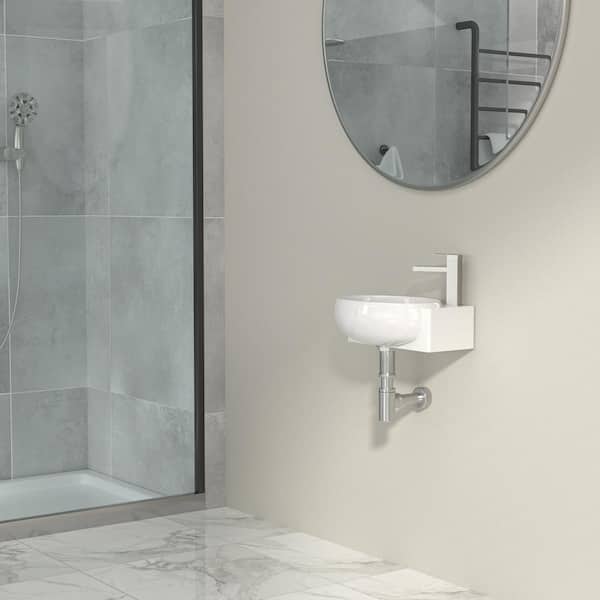 16.5 in. Ceramic Wall-Mounted Bathroom Mini Vessel Sink with Single Right Faucet Hole in White