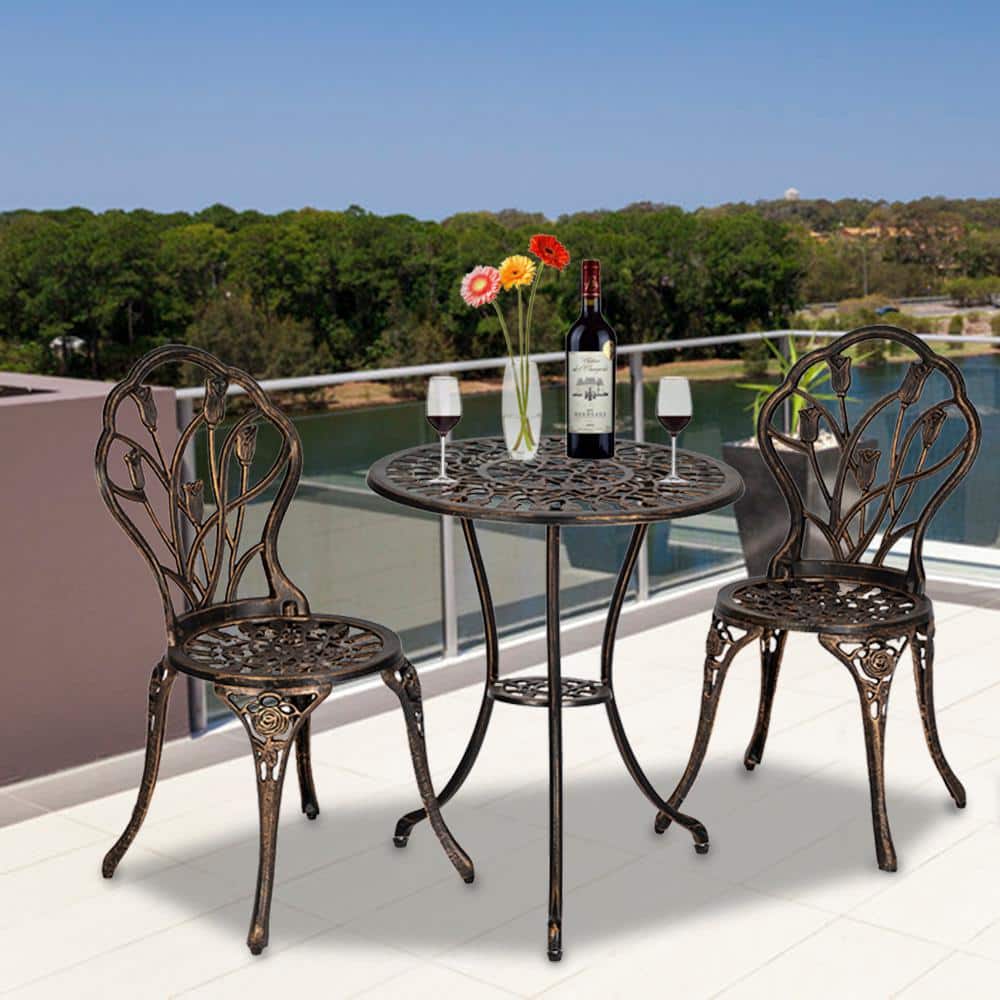 Bronze Cast Iron 3-Piece Tulip Bistro Set with Round Table
