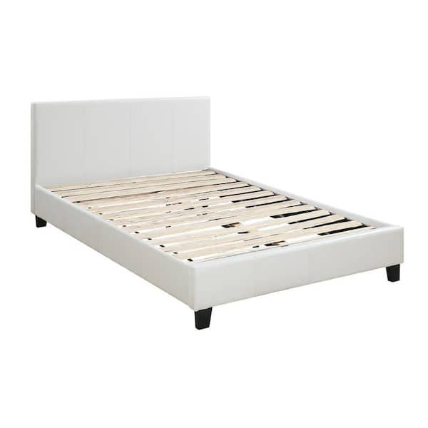 Benjara White Wooden Frame Queen Platform Bed with Padded Headboard