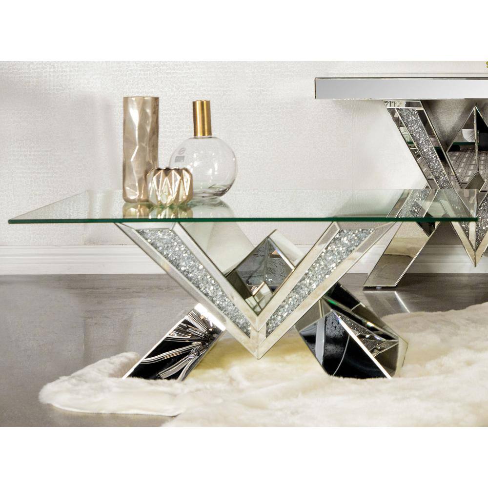Silver Rectangular Glass Top Coffee Table with V-Shaped Base