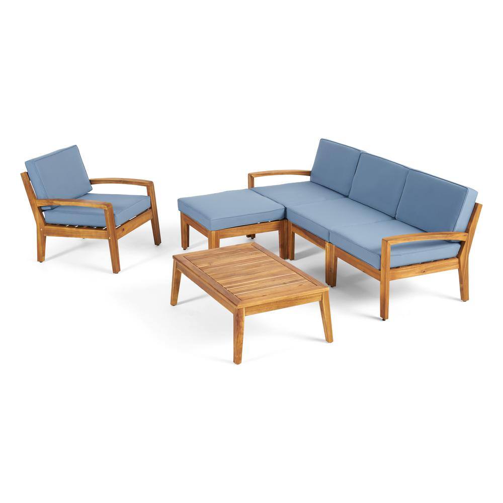Noble House Grenada Teak Brown 6-Piece Wood Patio Conversation Sectional Seating Set with Blue Cushions - 2