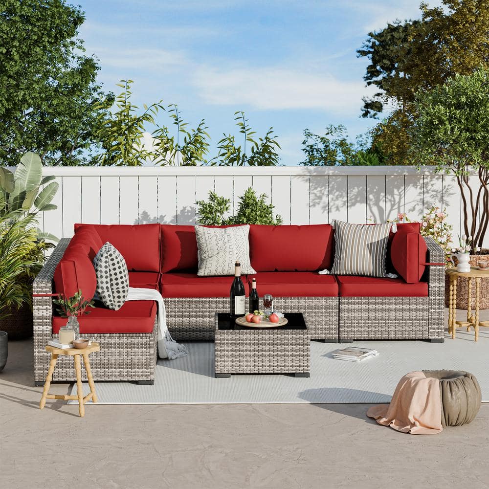 7-Piece Gray Wicker Outdoor Patio Conversation Set with Dark Red Cushions