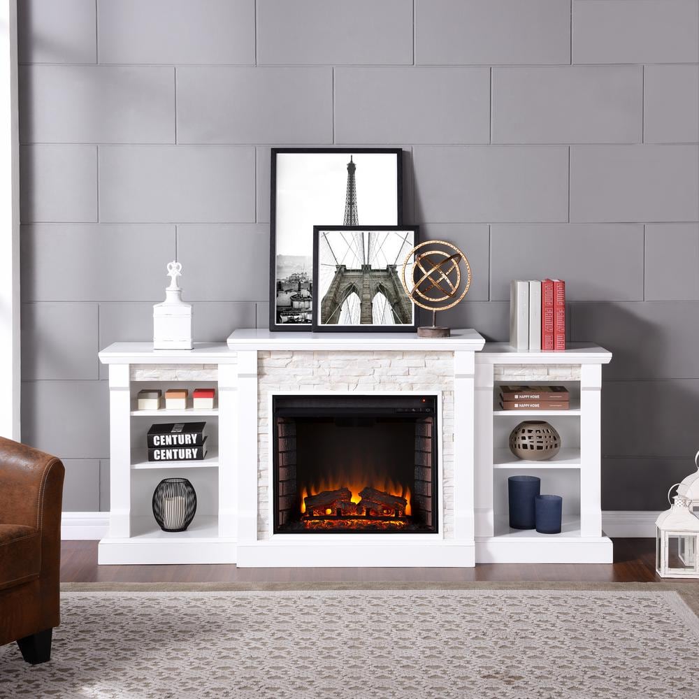 Southern Enterprises Nassau 71.75 in. W Faux Stone Electric Fireplace with Bookcases in White, White w/ white faux stone -  HD605937