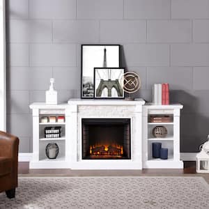 Nassau 71.75 in. W Faux Stone Electric Fireplace with Bookcases in White