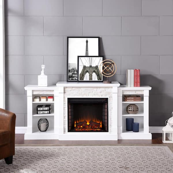 Southern Enterprises Nassau 71.75 in. W Faux Stone Electric Fireplace with Bookcases in White