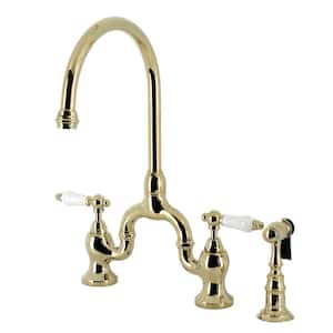 English Country Double-Handle Deck Mount Gooseneck Bridge Kitchen Faucet with Brass Sprayer in Polished Brass