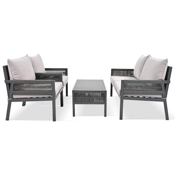 Zeus & Ruta 4-Pieces Grey Metal Woven Rope Outdoor Patio Conversation Set with Grey Cushions, Tempered Glass Table