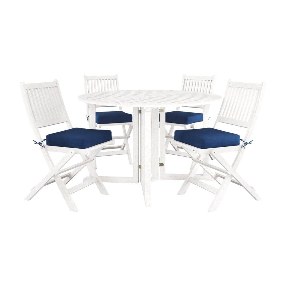 CorLiving Miramar White 5-Piece Wood Round Outdoor Dining Set with Navy Blue Cushions -  PEX-379-Z
