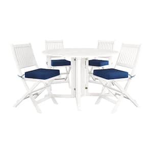 Miramar White 5-Piece Wood Round Outdoor Dining Set with Navy Blue Cushions