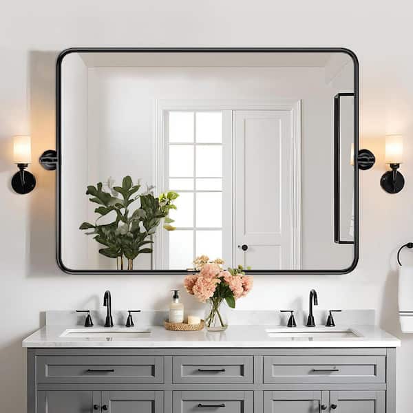 30 in. H x 40 in. W Modern Rectangular Black Stainless Steel Frame Round Corner Adjustable Vanity Mirror Wall Mirror