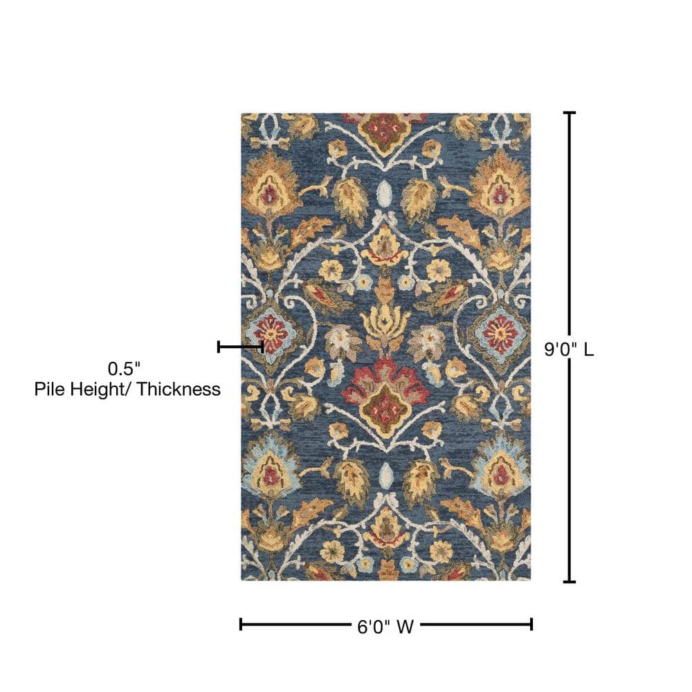 Navy and Multicolor Floral Wool 6' x 9' Area Rug