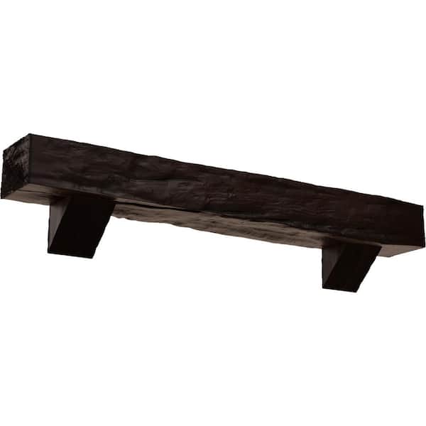 Ekena Millwork 4 in. x 8 in. x 3 ft. Riverwood Faux Wood Fireplace Mantel Kit, Breckinridge Corbels, Premium Mahogany