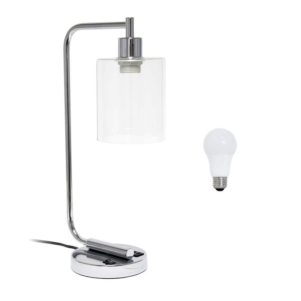 18.8" Chrome Industrial Iron Desk Lamp with Glass Shade and USB Port
