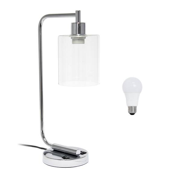 Simple Designs 18.8 in. Chrome Industrial Antique Style Iron Lantern Table Lamp with Glass Shade and USB Port, LED Bulb Included
