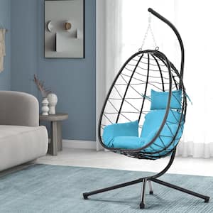 Patio Wicker 37.40 in. Swing Chair Hanging Egg Chair Hanging Hammock with Stand and Cushion in Blue