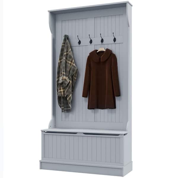Unbranded 37.75 in. W x 13.5 in. D x 70.75 in. H Gray Wood Hall Tree with Storage Bench, Coat Rack and 4 Hooks for Entryways