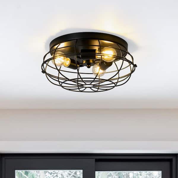 Y'INSP 14.96 In. 3-Light Industrial Black Flush Mount Ceiling Light Fixture with Metal Cage for Living Room, No Bulbs Included