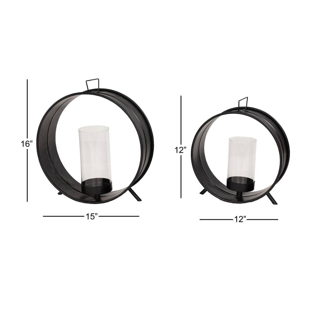 Industrial Black Iron Circular Candle Holders with Glass, Set of 2