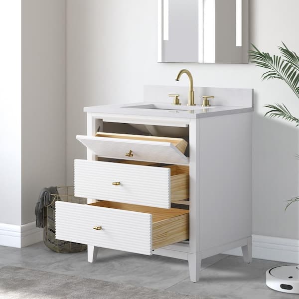 30 in. W x 34 in. H Single Sink White Bath Vanity Cabinet with Arabescato White Engineered Marble Top