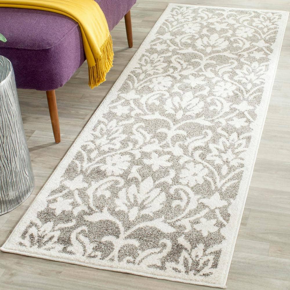 Reversible Dark Grey Floral Synthetic 27" x 9" Easy-Care Runner Rug