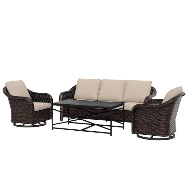 4-Piece Wicker Outdoor Patio Conversation Sofa Furniture Set with Swivel Rocking Chairs and Beige Cushions