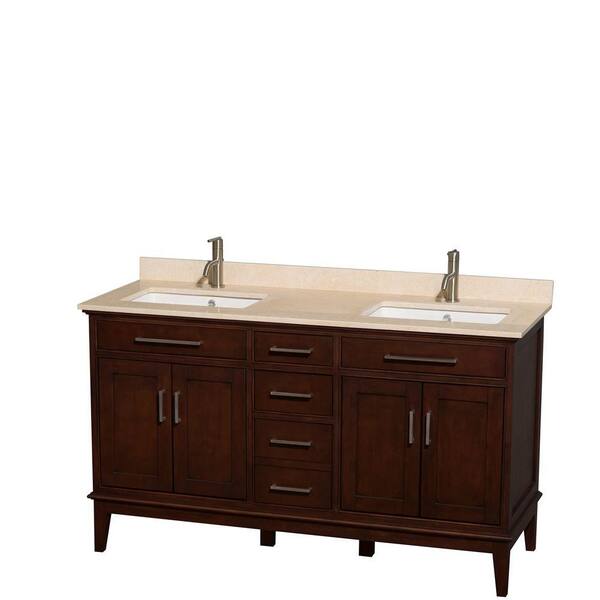 Wyndham Collection Hatton 60 in. Double Vanity in Dark Chestnut with Marble Vanity Top in Ivory and Square Sinks