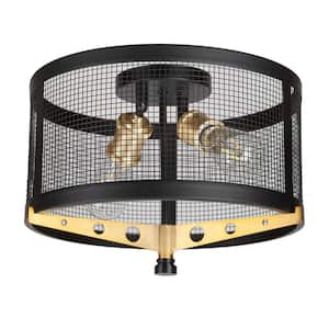 Takoma 13.75 in. 2-Light Black and Soft Gold Wire Mesh Industrial Flush Mount with Metal Mesh Shade