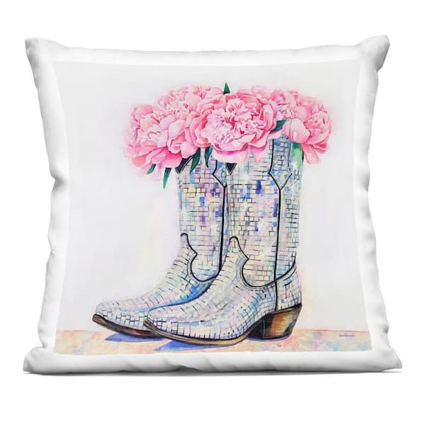 Floral Shimmering Cowgirl Boot Pink Abstract Polyester 18 in. x 18 in. Throw Pillow