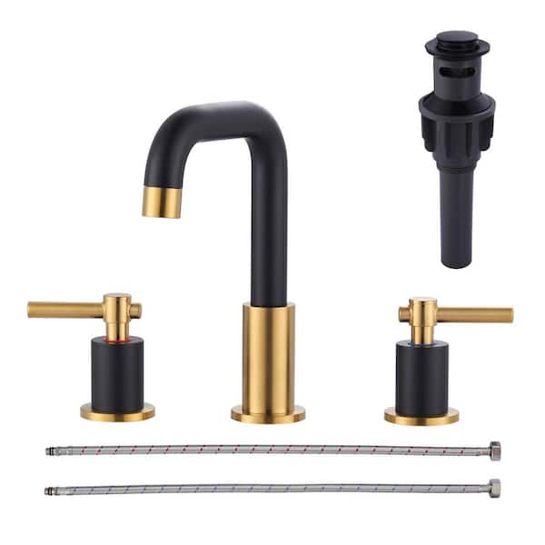 Black and Gold 8 in. Widespread Double Handle High-Arc Bathroom Faucet with Pop-up Drain Kit
