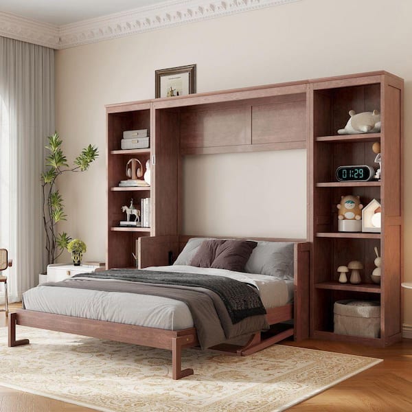 Dark Brown Wood Frame Full Size Murphy Bed with Desk and Bookshelf