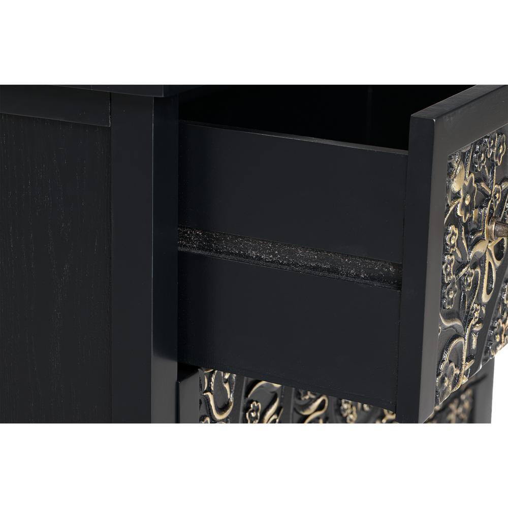 Black and Gold 3-Drawer Flower Motif Nightstand