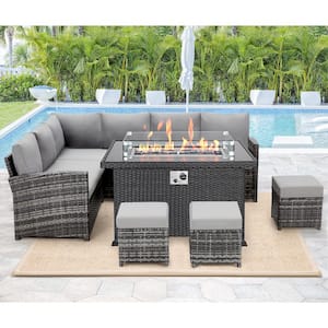 Black 7-Piece Wicker Outdoor Patio Fire Pit Set with Gray Cushions