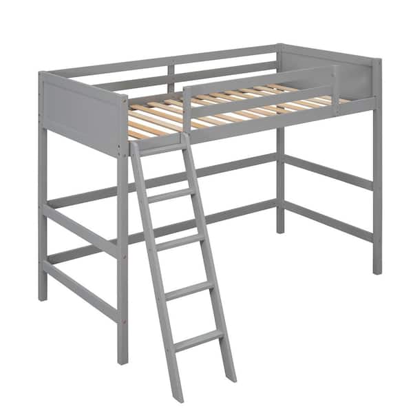 Gray Solid Wood Twin Size Loft Bed with Ladder