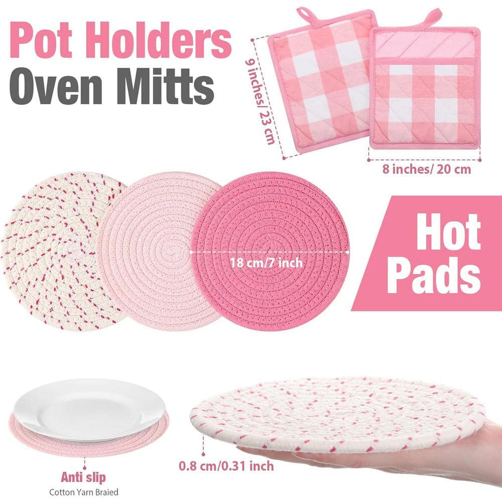 Pink and White Cotton Oven Mitts and Pot Holders Set