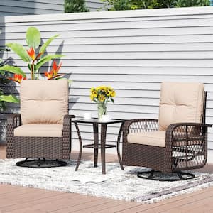 3-Piece Brown Wicker Outdoor Rocking Chair Set Outdoor Swivel Chairs with Beige Cushions