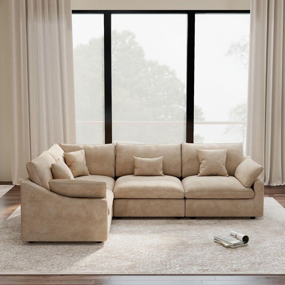 117.3 in. Slope Arm 4-Piece Linen Modular Free Combination Sectional Sofa with Removable Covers in Brown