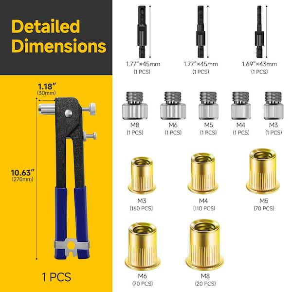 Rivet Nut Tool Kit, 430Pcs Metric Rivet Nut Combination (M8/M6/M5/M4/M3)
