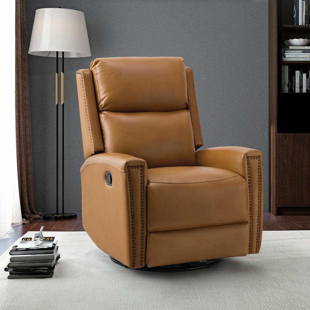 Jayden Creation Joseph Beige Genuine Leather Swivel Rocking Manual Recliner with Straight Tufted Back Cushion and Curved Mood Arms