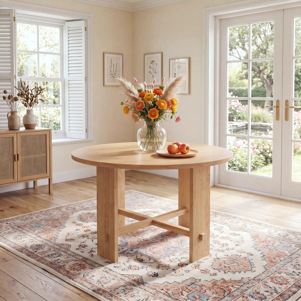 Sarnell Modern Rustic Natural Finish MDF Wood Top 4 Legs Round Dining Table, Seats 4