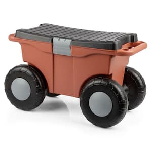 1.89 cu. ft. Terracotta Plastic Rolling Garden Cart with Seat - Storage with Bench and Interior Tool Tray