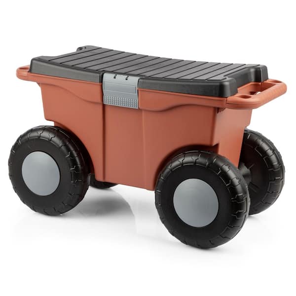Pure Garden 1.89 cu. ft. Terracotta Plastic Rolling Garden Cart with Seat - Storage with Bench and Interior Tool Tray