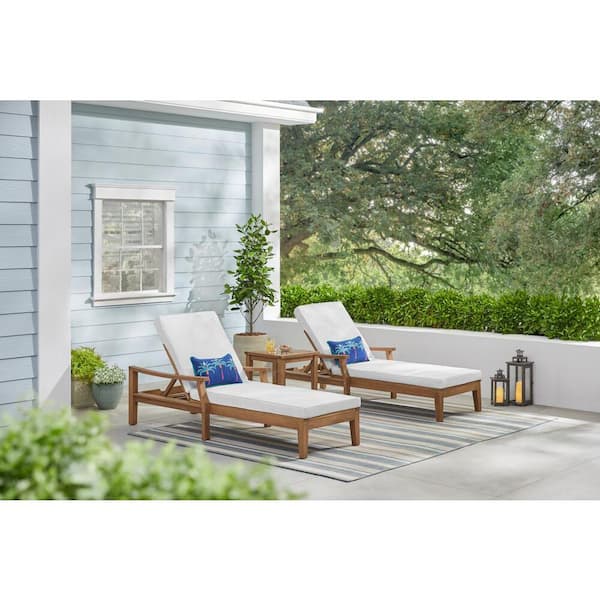Hampton Bay Woodford Eucalyptus Wood Outdoor Chaise Lounge Chair with CushionGuard Bright White Cushions