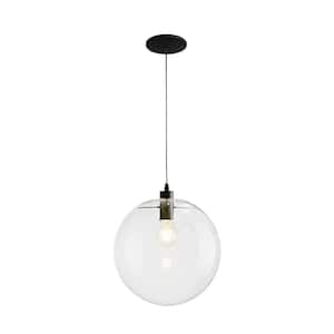 1-Light Matte Black Globe Pendant Light with Clear Glass Shade