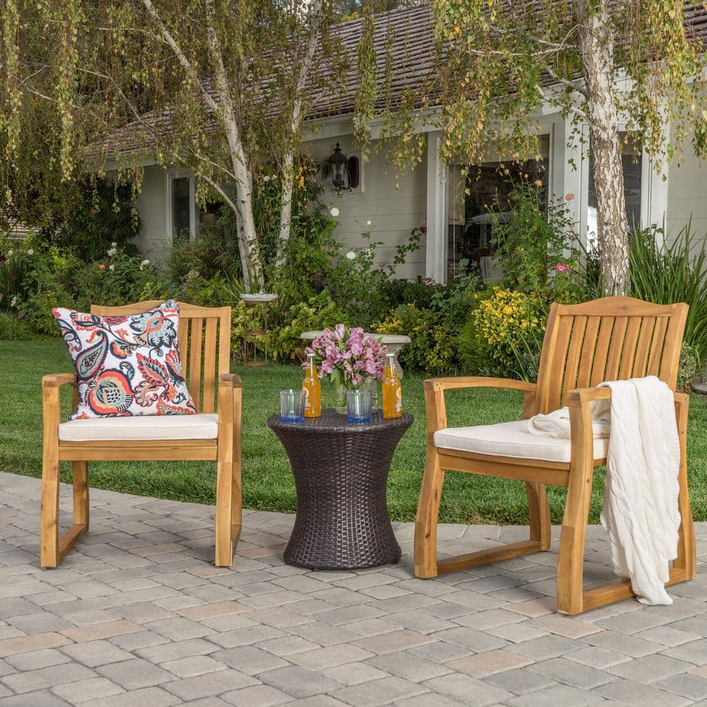 Teak and Wicker 3-Piece Beige Cushion Outdoor Seating Set