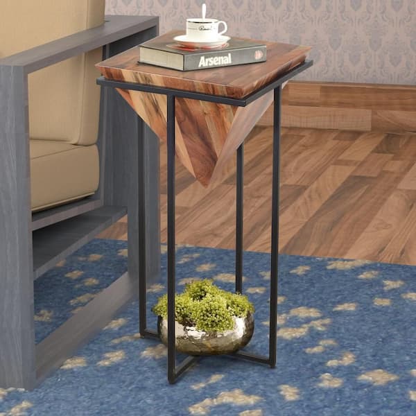 THE URBAN PORT Ida 15 in. Brown and Black Square Wooden Side Table with Cross Metal Base