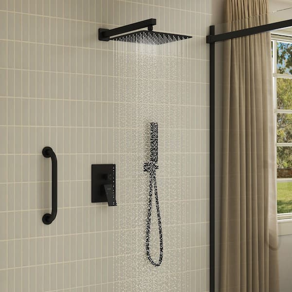 2-Spray 10 in. Square Wall Mount Dual Shower Heads with Shower Grab Bar 2.5 GPM in Black (Valve Included)