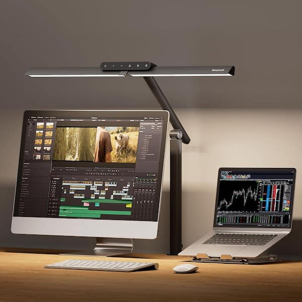 23.6 in. Black 2-Head Integrated LED Adjustable Swing Arm Plug-in Dimmable and Flexible Clip-On Desk Lamp with Clamp